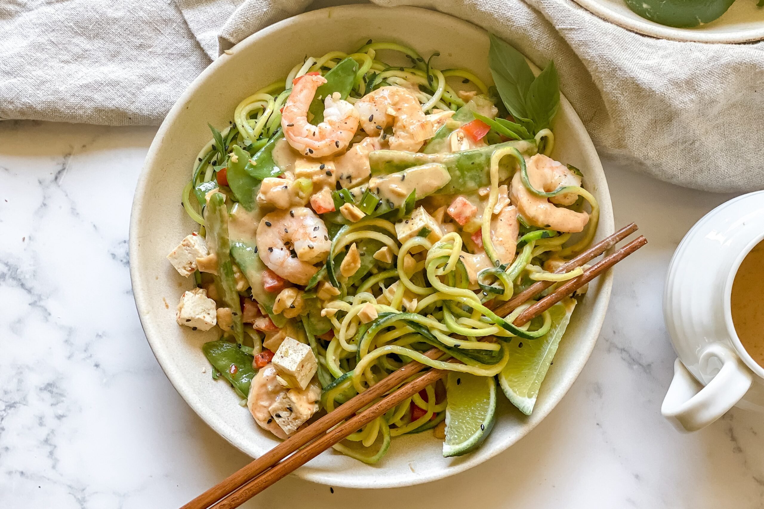 Peanut Zoodles with Shrimp and Tofu